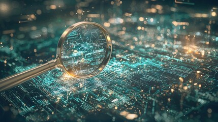 SEO Data Analysis Magnifying Glass over Glowing Keyword Network