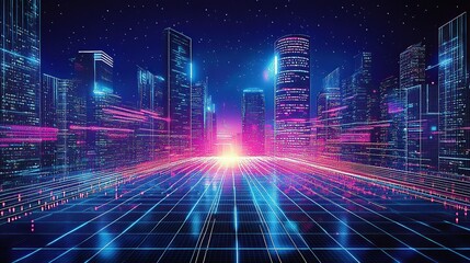 A futuristic cityscape with neon lights and holographic digital art, representing the era of new technology in urban development