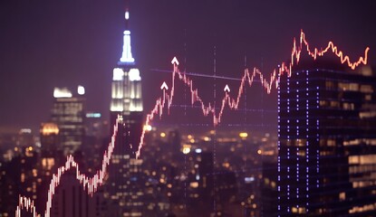 Wall Mural - A glowing stock market chart overlayed on a nighttime cityscape with a skyscraper in the background.