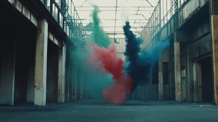 Poster - Colorful Smoke Explosion in Abandoned Industrial Space Creating a Dramatic Atmosphere Ideal for Artistic and Creative Projects