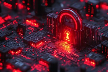 Aufkleber - A red glowing padlock sits on a circuit board, representing cybersecurity and data protection.