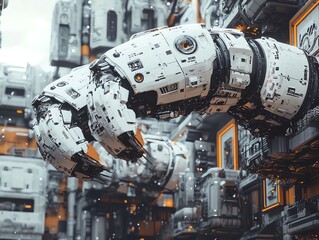 Poster - A robotic hand with intricate details and a futuristic design reaches out towards a cityscape of towering structures.