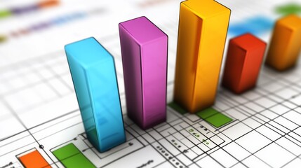 Leinwandbilder - Colorful 3D Bar Graphs on Business Report Showcasing Data Analysis and Growth Trends for Financial Forecasting and Market Research Studies