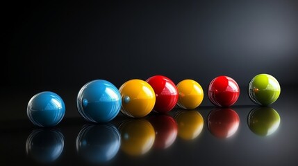 Fototapete - Colorful Reflective Spheres Arranged in a Line on a Dark Background with Smooth Surface Creating an Artistic and Modern Visual Display
