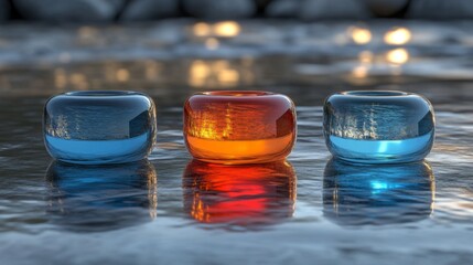 Aufkleber - Colorful Glass Candle Holders on Reflective Surface with Soft Lighting Creating a Serene Ambience for Home Decor or Event Styling