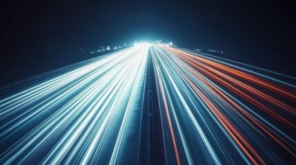 Fototapete - Dynamic Night Scene of Car Light Trails Captured on an Expressway, Showcasing the Vibrant Energy and Motion of Urban Traffic in Motion