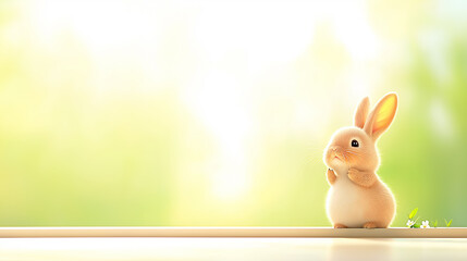 Poster - cute bunny standing on ledge, surrounded by soft light and greenery