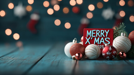 Aufkleber - Merry Christmas 2025 with festive decorations and colorful ornaments