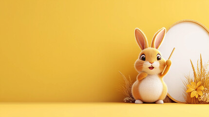 Poster - charming bunny illustration with chalkboard on yellow background