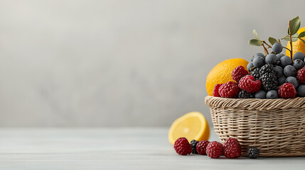 Aufkleber - Fresh berries and citrus fruits in wicker basket, vibrant and inviting