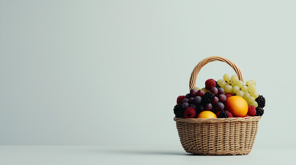 Aufkleber - wicker basket filled with fresh, colorful fruits on light background