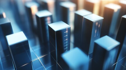 Aufkleber - Abstract 3D Render of Modern Buildings and Skyscrapers with Metallic Surfaces Under Bright Sunlight, Symbolizing Growth, Development, and Urban Lifestyle in Financial Districts