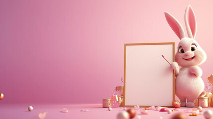 Poster - cheerful bunny holds blank frame, ready for creativity
