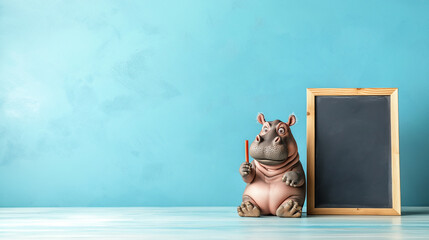 Poster - heartwarming hippo holding chalk next to wooden chalkboard
