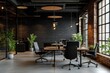 © adri - Modern industrial office space with exposed brick walls, large windows, and sleek furniture.
