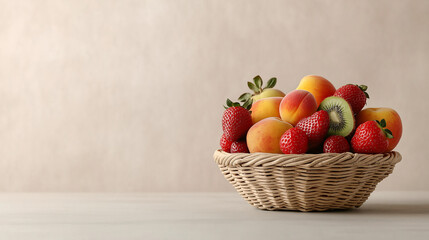 Aufkleber - Fresh fruit basket with peaches, strawberries, and kiwi