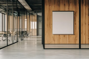 Wall Mural - Modern office hallway with a large blank poster on a wood wall.