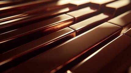Aufkleber - Abstract close-up of shiny brown metallic bars arranged in a grid pattern creating a textured surface with reflections and highlights in warm light