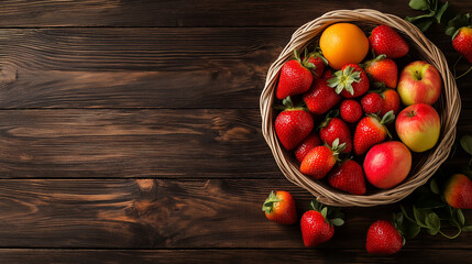 Aufkleber - Fresh fruits in traditional basket on wooden table