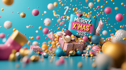 Poster - Merry Christmas 2025 with colorful decorations and festive elements