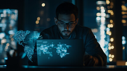 focused man working late at night on laptop with digital world map displayed in modern office
