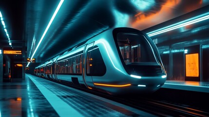 Poster - Futuristic Subway Train at Empty Metro Station with Neon Lights and Sleek Design in Urban Environment, Showcasing Modern Public Transportation Technology