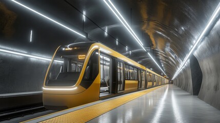 Aufkleber - Futuristic Yellow Train Station Interior with Sleek Design and Modern Lighting in a Tunnel Environment Enhancing Urban Transportation Concepts