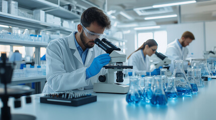 Poster - Laboratory researchers examining samples under microscope in biotech lab