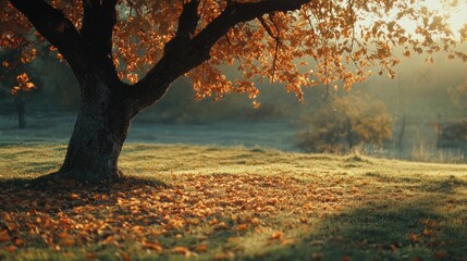 Wall Mural - A lone tree with fall foliage stands in a field with the morning sun shining through the branches.