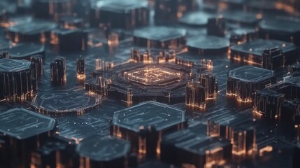Poster - Futuristic Digital Landscape Featuring Geometric Shapes with Glowing Lights Reflecting a High-Tech Interface Design in a Cybernetic Environment