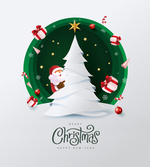 Wall Mural - merry christmas and happy new year background decorated with happy santa claus christmas tree and fe