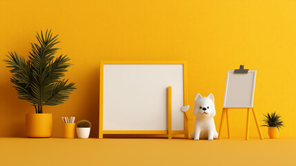 Poster - bright yellow interior scene featuring cute dog, plants, and blank frames