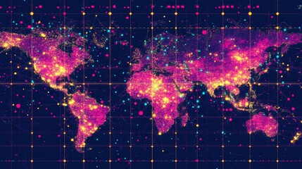 Leinwandbilder - Colorful Global Network Visualization with Dots and Grids Illustrating Data Connectivity Across the World in a Modern and Artistic Style