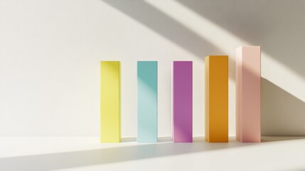 Poster - Colorful Geometric Shapes Standing Vertically on Bright Background with Soft Shadows Highlighting the Vibrant Palette and Clean Aesthetic of Modern Design