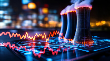 Poster - Electric power plants with cooling towers and energy data visualization