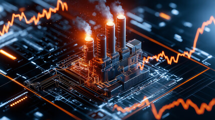 Poster - Digital illustration of electric power plant with smoke and data graphs