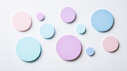 Poster - Abstract Arrangement of Colorful Geometric Shapes on a Light Background, Features Pastel Circles in Pink, Blue and Purple, Ideal for Creative Designs and Artistic Projects