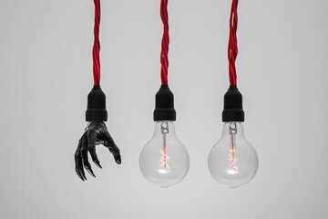Poster - Three lightbulbs hanging from red cords, one with a black hand reaching for the bulb, the other two lit.