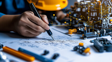 Poster - Engineer working on technical drawings with tools and machinery