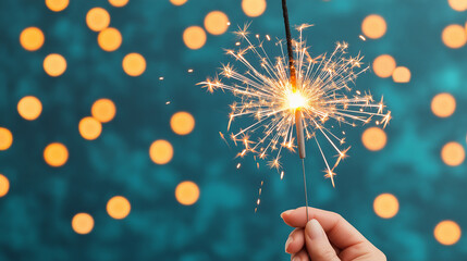 Aufkleber - hand holding sparkler with blurred background of lights