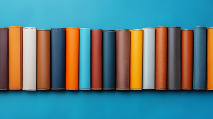Poster - Colorful leather wallets arranged neatly on blue background