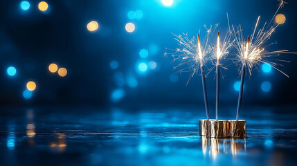Aufkleber - Sparkling sparklers glowing brightly against blue background