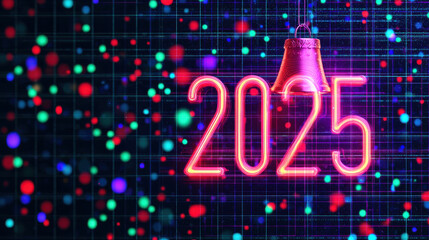 Wall Mural - neon 2025 sign with colorful bokeh lights on dark grid background, creating festive and futuristic a