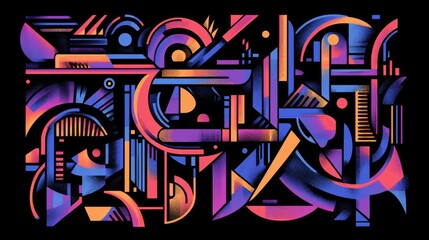 Poster - Vibrant Abstract Geometric Composition Featuring Bold Shapes and Vivid Colors in Artistic Arrangement Set Against a Deep Black Background