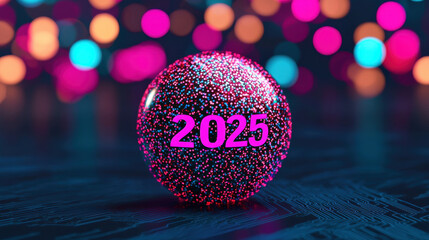 Wall Mural - glowing sphere with 2025 in vibrant colors against blurred background of colorful lights, symbolizin