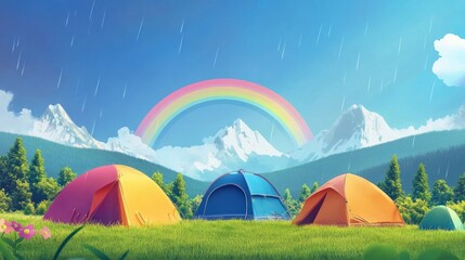 Poster - Three colorful tents set up in a grassy meadow with a rainbow arching over snow-capped mountains in the background.