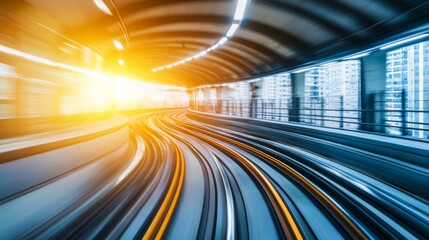 Aufkleber - Dynamic Motion of a Train in a Modern Urban Setting Captured During Golden Hour, Displaying Blurred Tracks and Bright Sunlight