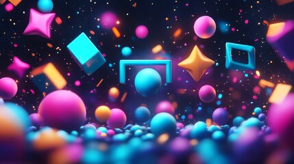 Aufkleber - Colorful Abstract Shapes and Spheres Floating in a Dark Background with Sparkles and Vibrant Particles Creating a Creative and Playful Atmosphere