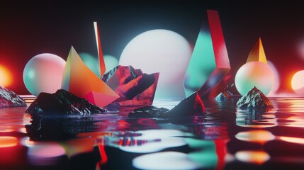 Aufkleber - Abstract 3D Composition with Geometric Shapes and Illuminated Spheres Reflecting on Calm Water Surface in Vivid Colors for Creative and Modern Visual Projects