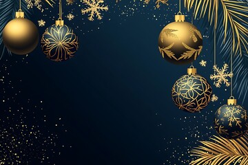 Poster - Black background with gold and dark blue Christmas decorations, creating an elegant frame for text or graphics. The design features pine branches, glittery ornaments, golden sprinkles, and small metal